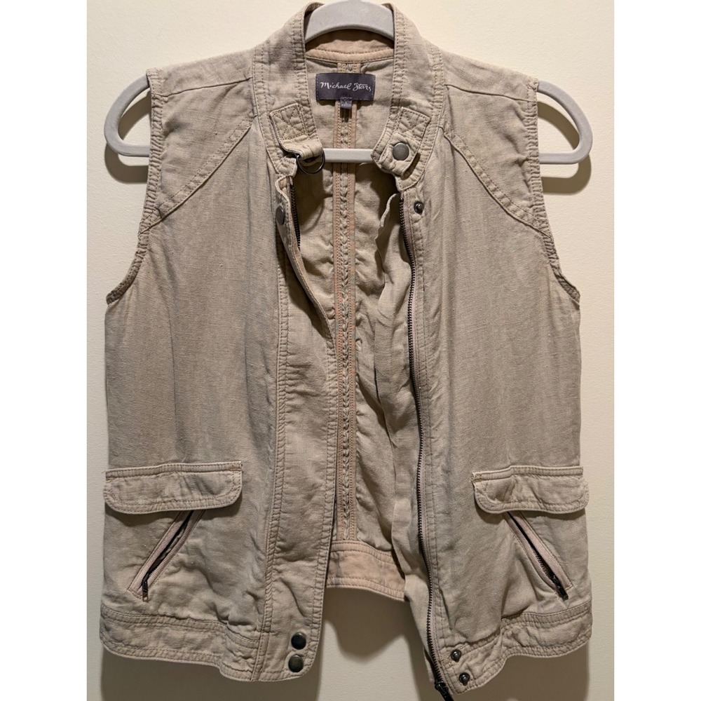 Michael Stars Women Tan Linen Utility Vest Full Zip Ruched Back WNT88 Small